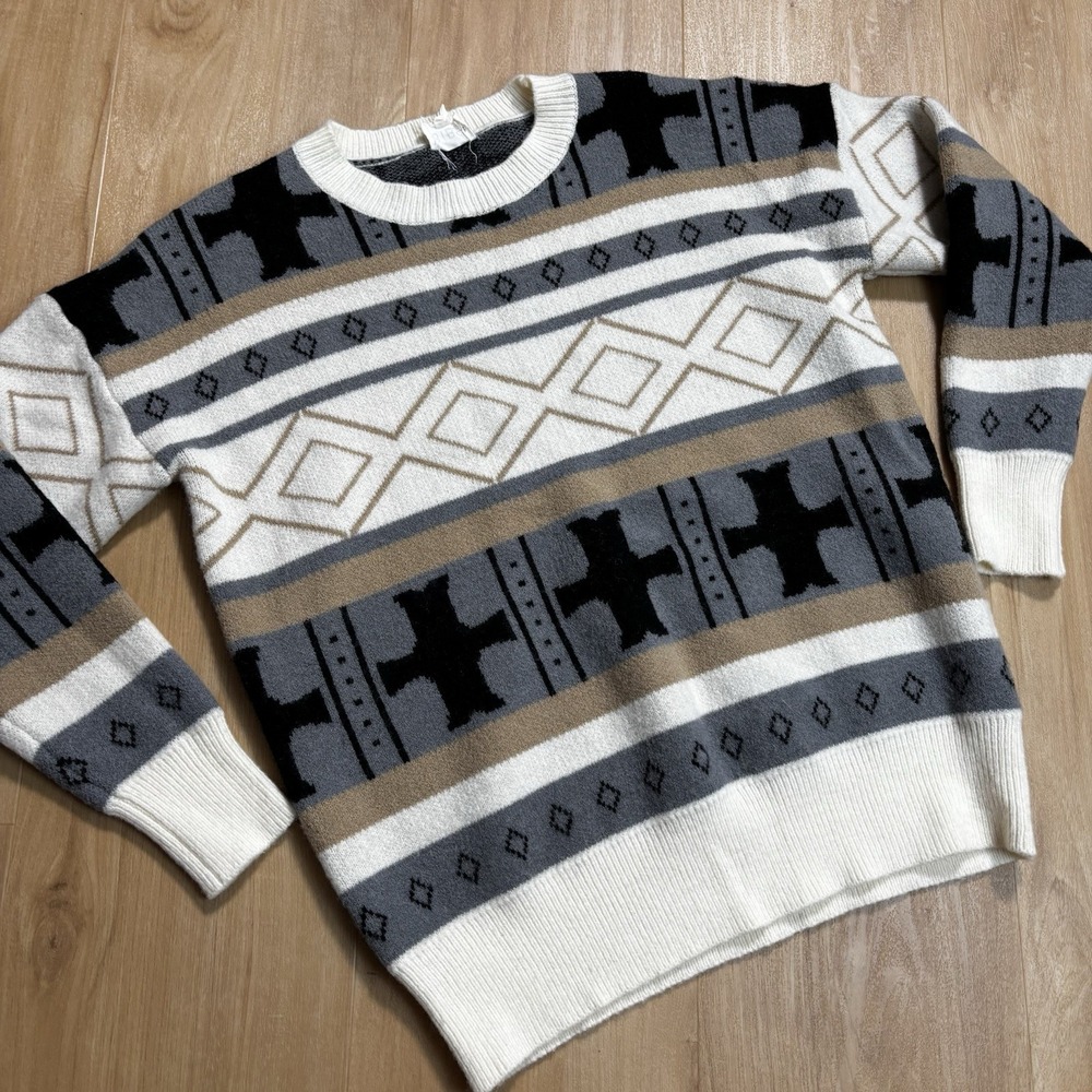 Women's Vintage Style Sweater Medium Black Grey Patterned Grandpa Geometric